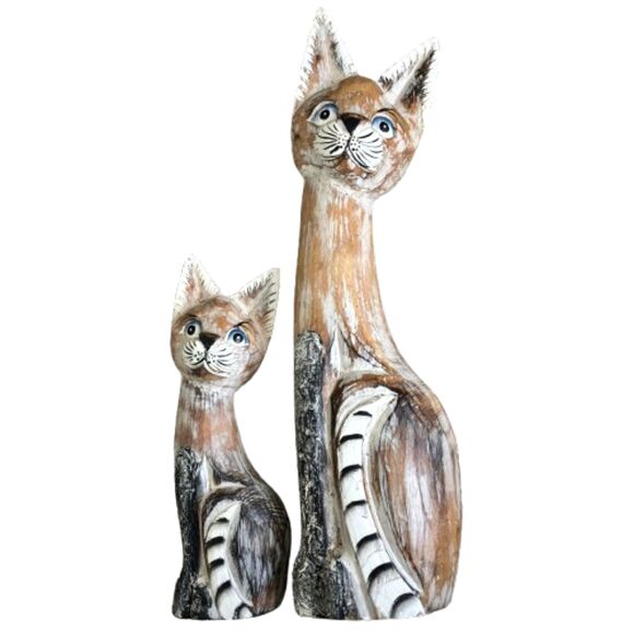 Set Of 2 Hand Carved Wooden & Painted Mama & Baby Siamese Cats 19" & 12"H - Picture 1 of 10